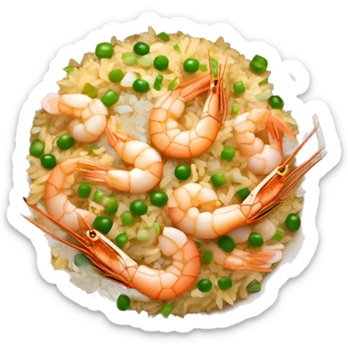 a freshly cooked bowl of gold prawn egg fried rice garnished with sliced garlic and spring onions sticker