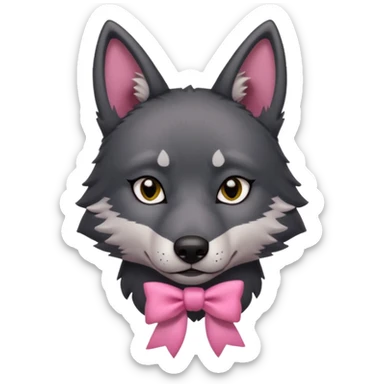 Pleading sad Face cute dark grey  black wolf with a pink ribbon on his ear head sticker