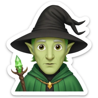 Green-skinned male wizard with a long nose, wearing a black hat and robe sticker