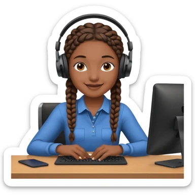 realistic dark brown skinned female with braids sitting at a desk with headphones on sticker