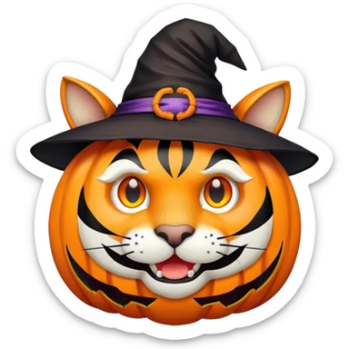 tiger face in Halloween costume with pumpkin and witch hat for Twitch emote sticker