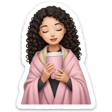 hispanic woman, black long 3b curls, closed eyes, feminine face, holding soft pink coffee cup with beige blanket over shoulders sticker