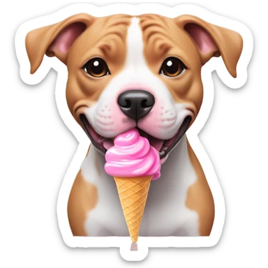 Smiling baby pink Staffordshire bull terrier eating bubblegum ice cream on a rainbow ball sticker