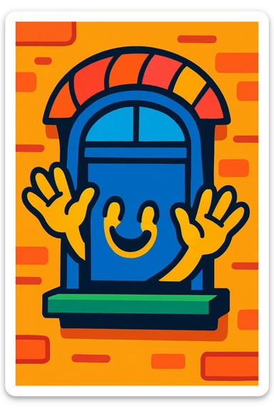 a window with hands, playful and whimsical, vibrant toon style sticker