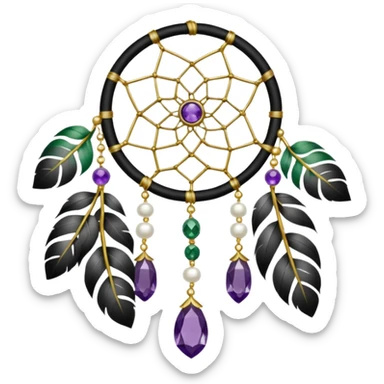 Black and white dreamcatcher with amethyst crystals, gold pearls, and green plants sticker