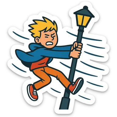 blond boy, 13 years old, clinging to a lamppost in extreme wind sticker