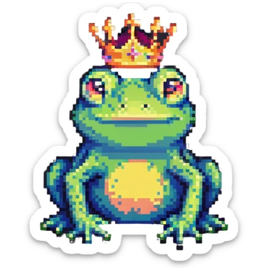 cartoon frog with a small crown, simple and colorful, pixel art style sticker