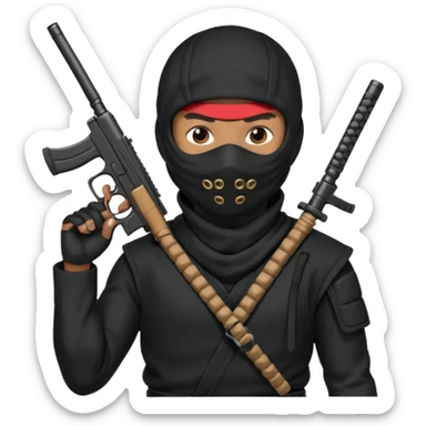 A black male in a ninja mask with a gun sticker