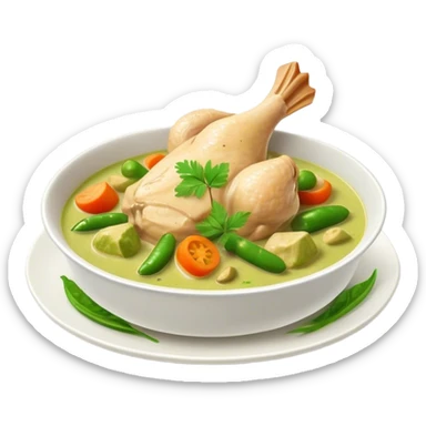 Green Chicken Curry Cinematic Realistic Green Chicken Curry Dish Emoji, depicted as tender chicken chunks simmered in a fragrant green curry sauce with vegetables, rendered with vivid textures and dynamic, vibrant lighting. sticker