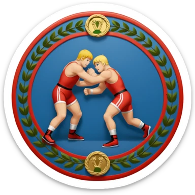 An icon symbolizing wrestling combat sports in the style of an emblem. The design features two wrestlers locked in a powerful grapple, one attempting to take the other down. Surrounding the scene are stylized elements like a championship belt, wrestling mat, and a laurel wreath. sticker