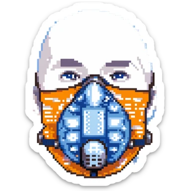 Pixelated blue VO2 max face mask with breathing tubes and valves, no person sticker