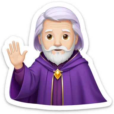 Middle aged wizard with a purple cloak, short white hair and a medium sized white beard waving hello  sticker