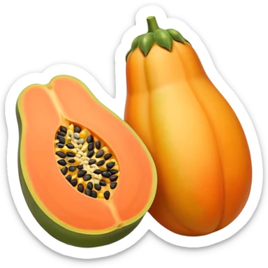 one whole papaya with smooth oval shape and green-yellow skin next to a halved papaya showing vibrant orange flesh and central cluster of small black seeds juicy glossy texture soft lighting subtle shadows emphasizing ripeness no leaf knife or extras transparent background emoji scale sticker