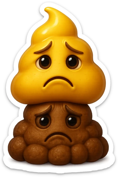 emoji stile iphone di una cacca giallina e liquida con espressione triste, sopra una montagnetta di feci a palline con espressione triste, iperrealistico 4k sticker