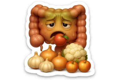 EMOJI STILE IPHONE DI UN INTESTINO UMANO IN CRISI PERCHé STA MALE, IN BOCCA HA UNA MELA E DAVANTI A LUI C'è UNA MONTAGNA DI aglio, cipolle, cavolfiore e mele, IPERREALISTICO 4K sticker