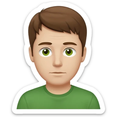 a self asured white male. brown hair. green t-shirt. blue background sticker