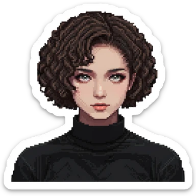 girl with short curly hair parted on the side, dark eyes and light makeup sticker