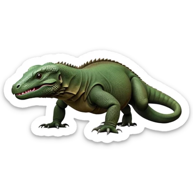 cinematic-komodo-dragon-realistic-full-body-standing on all fours-emoji,-massive-scaled-body-poised-with-quiet-power,-rough-textured-skin-dark-green-and-dark brown, black,-head-tilted-dramatically,-long-forked-tongue-flicking-out,-simplified-yet-realistic-focused-features,-highly-detailed,-glowing-with-an-almost-sarcastic-glow

 sticker