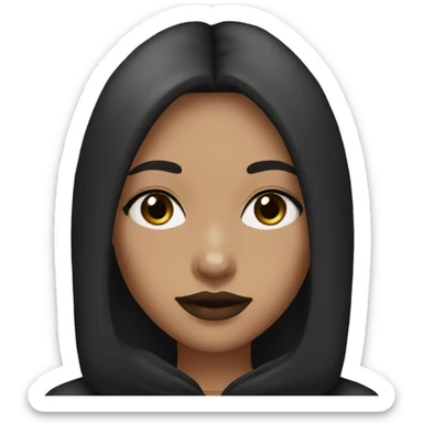Girl with middle part really long straight dark brown hair, lashes,dark brown eyes, brown lipstick, wearing black hoodie sticker