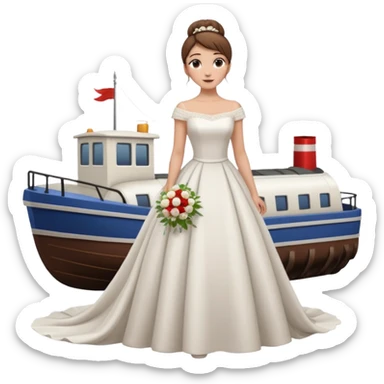 Chica blanca,cuerpo entero, vestido boda cuello barco y , pelo castaño,   1 ramo de flores , pelo recogido en moño alto con cola por la parte de atrás del vestido sticker