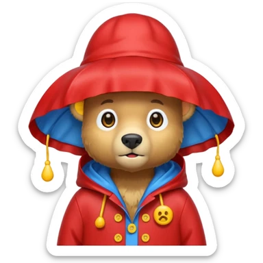 A bear in a red rain hat and a blue raincoat with yellow buttons down the middle sticker