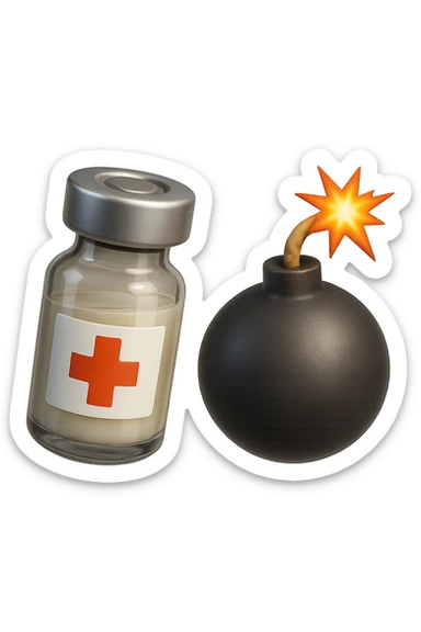 emoji stile iphone 3d di una fiala medica con una bomba vicino, fluttuano in aria insieme, FALLO MOLTO REALISTICO IN 3D sticker