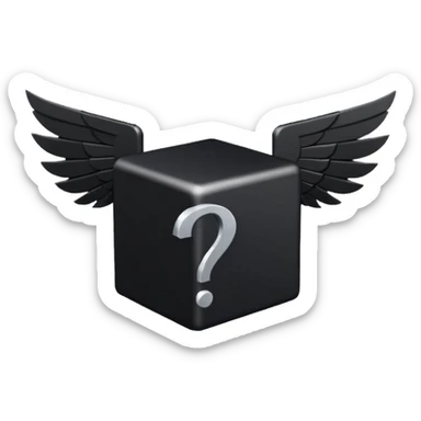 Black cube with black wings and has a white question mark sticker
