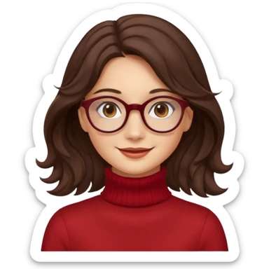 A girl has fair skin wavy dark brown hair, has glasses and almond brown eyes wears red turtle neck has long hair and so pretty sticker