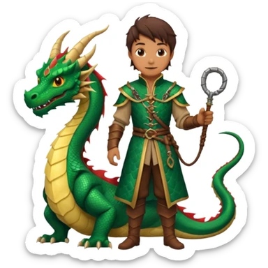 a dragon tamer with a whip in his hand in medieval time with a dragon next to him sticker