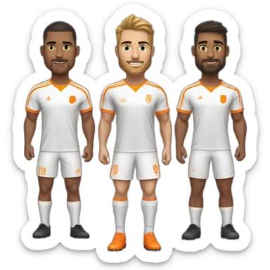 Equipo de fútbol de 11 jugadores y un entrenador, con camisetas naranjas, pantalones cortos blancos y medias blancas sticker