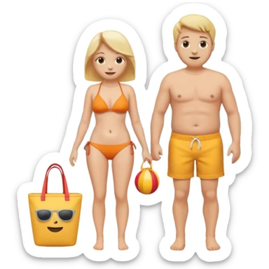 Ein Emoji, das ein älteres Paar am Strand zeigt: die Frau sehr schlank mit mittellangem, blondem Haar im Bikini, der Mann mit dickem Bauchz in Badeshorts. Beide sind im Ruhestand und liegen entspannt in Liegestühlen, um sich vom Stress des Rentnerlebens zu erholen mit sonnenschirm sticker
