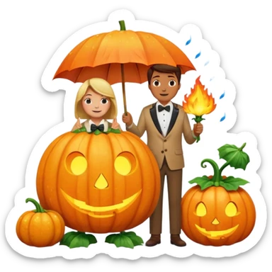 Make a guy hugging a giant pumpkin with a fork in his right hand while there's fire while there's a lady watching while it's raining while there's an umbrella on the ground that's alive and the sun has a bow tie on his neck sticker