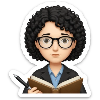 writer holding pen in hand and closed book in other hand, with black curly hair and wearing glasses sticker