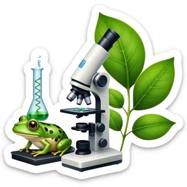 An icon featuring a DNA strand, a microscope, and a green leaf, symbolizing biology. The design includes animal cells, plant structures, and a frog, representing the study of living organisms and ecosystems. Transparent background highlights life sciences and biological research. sticker
