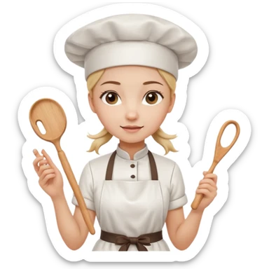 Young female pastry chef - single ponytail, apron, wearing a white hat, holding a rolling pin sticker