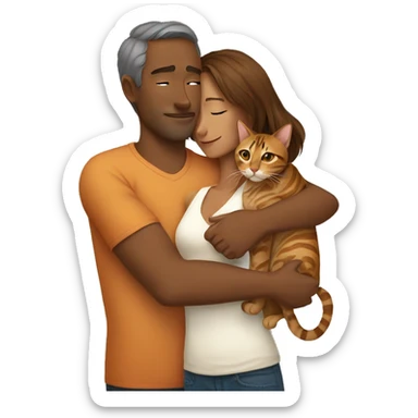 A man hugs a long brown-haired skinny hot woman and a bengal cat sticker