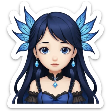 Gothic anime fairy with long beautiful black hair and dark blue dress, pastelcore, sticker