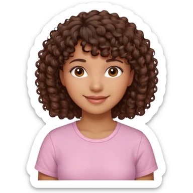 A Latina girl with brown eyes and short curly hair with curly bangs with a light pink shirt sticker
