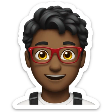 male, 12 year old, red glasses, red braces, short black hair, flexing sticker