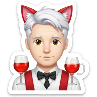 a white man in a bartender's uniform with white hair, the ends of his hair in red and white cat ears sticker