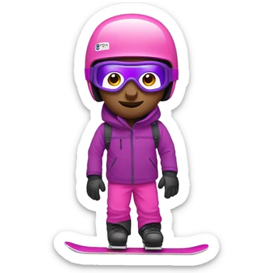 Snowboarder with pink pants, purple helmet, purple goggles sticker