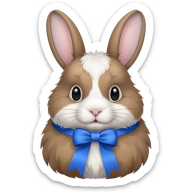 a white and black realistic domestic rabbit with a blue ribbon on its neck sticker