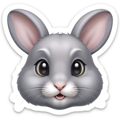 Cinematic Cute Grey Rabbit Portrait Emoji, Head tilted playfully and inquisitively, featuring a silky, smooth grey fur with soft, velvety textures, round, sparkling grey eyes filled with curiosity, Simplified yet irresistibly adorable features, highly detailed, glowing with a warm, friendly glow, high shine, affectionate and gentle, stylized with a touch of whimsy, bright and endearing, soft glowing outline, capturing the essence of a mischievous yet loving bunny, so playful it feels like it could hop out of the screen and into your arms! sticker