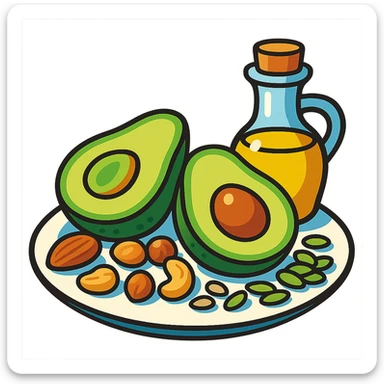 plate with avocado, nuts, olive oil, and seeds in vibrant toon style sticker