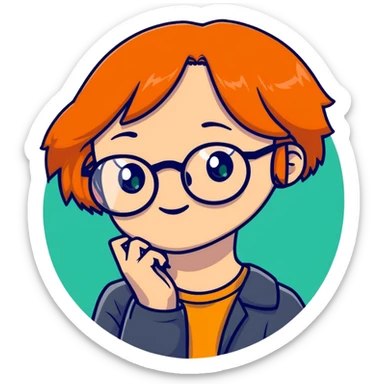 orange-haired shy nerd girl with round glasses and green eyes sticker