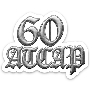 sticker with '60ATCAP' in Chrome Hearts style, heavy gothic script, metallic textures, luxury streetwear vibe sticker