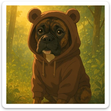 Convertir este bóxer atigrado en estilo Ghibli, sentado, mirada tierna, usando un buzo con capucha de orejas de osito color marrón chocolate, iluminación golden hour, entorno natural con follaje sticker