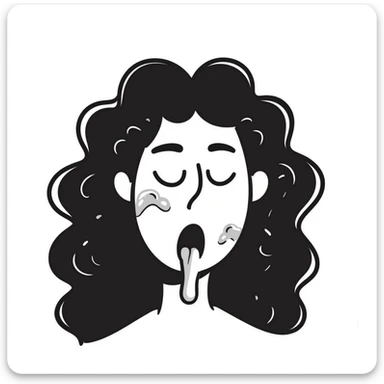surprised disgusted woman with long messy curly black hair, thick goopy white liquid on cheeks, lips, tongue, tongue out, eyes shut, gunk dripping and matting hair sticker