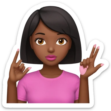 Dark skin girl asking for money with hand out make her more fabulous but still a clean look with a black bob and pink shirt  brown eye  with the kiss lips  sticker