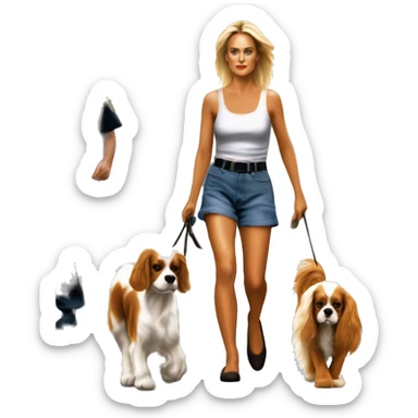 Young sharon stone in basic instinct walking with cavalier King Charles spaniel  sticker